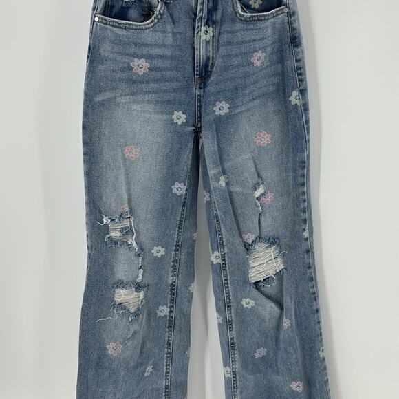 Tinseltown Floral-Peace-Print Wide-Leg Jeans deconstructed baggy festival size 1 - Picture 5 of 9